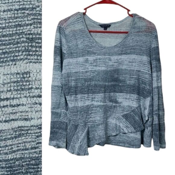 Lucky Brand 100% Linen Printed Ruffle Top Blue Multi Peplum Knit Tee Stripes LG - Picture 1 of 6